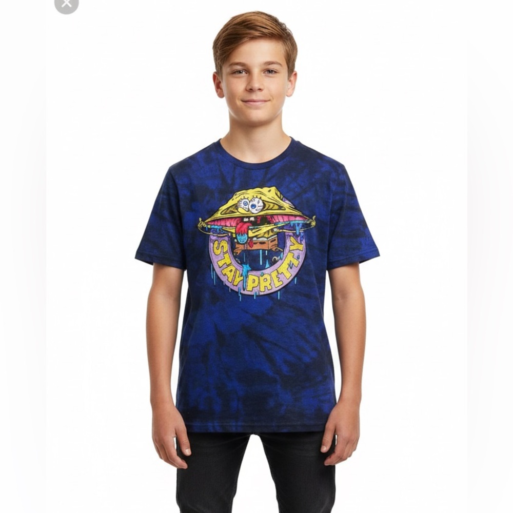 Kids Sponge Bob Stay Pretty Graphic Tee Blue T-Shirt Short Sleeve Boy Large 14